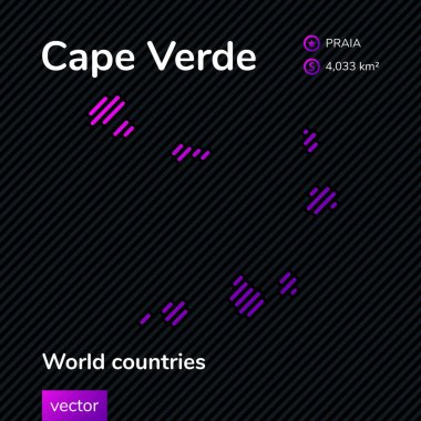 Vektör yaratıcı dijital neon düz çizgi sanat soyut basit Cape Verde haritası mor, pembe çizgili siyah arkaplan. Eğitim afişi, Cape Verde hakkında poster