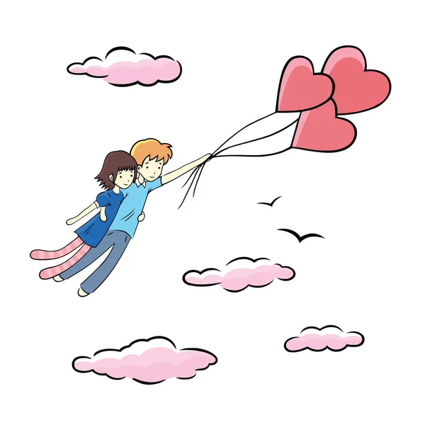 Några Älskare Som Flyger Hjärtballonger Digital Romantisk Illustration För Alla — Stock vektor