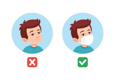 Tıbbi maskeli ya da maskesiz çocuk. Maske gerekli. Tıbbi maske takmadan giriş yok. Düz biçim vektör illüstrasyonu