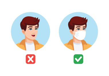 Tıbbi maskesi olsun ya da olmasın. Maske gerekli. Tıbbi maske takmadan giriş yok. Düz biçim vektör illüstrasyonu
