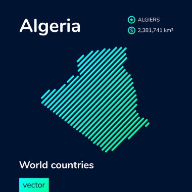 Düz Cezayir haritası turkuaz renklerle koyu mavi zemin üzerinde. Cezayir 'in stilize edilmiş harita simgesi. Bilgi ögesi