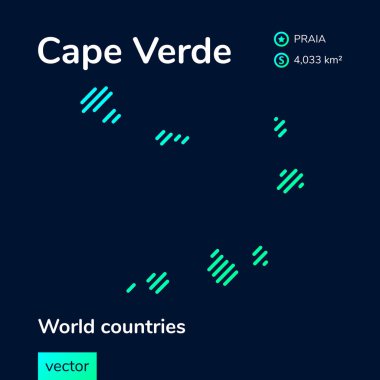 Koyu mavi arkaplanda turkuaz renklerde Cape Verde haritası. Cape Verde 'nin stilize harita simgesi. Bilgi ögesi