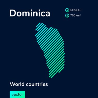 Dominica 'nın stilize dokuma haritası mavi ve nane yeşili renklerde. Düz stil. Eğitici bayrak, Dominica hakkında poster