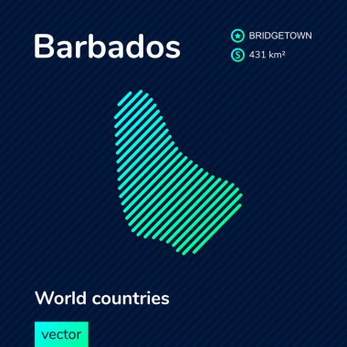 Çizgili arka planda mavi ve yeşil nane renginde Barbados 'un vektör düz haritası. Eğitim bayrağı, Barbados hakkında poster