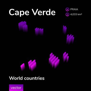 Mor arkaplanda mor renkte ve mor benekli Cape Verde 3D haritasında stilize edilmiş neon vektörü