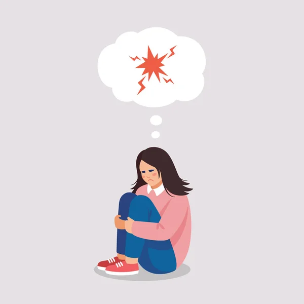 Arrabbiato ragazza stanca soffre di stress, rabbia, disturbo depressivo. Illustrazione vettoriale dei problemi mentali — Vettoriale Stock