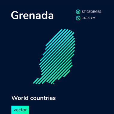 Yeşil naneli Grenada 'nın vektör çizgili haritası düz mavi arka planda. Eğitim sancağı