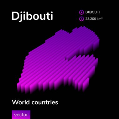 Cibuti 'nin 3 boyutlu haritası. Biçimlendirilmiş çizgili vektör izometrik haritası siyah arkaplanda neon mor ve pembe renklerde