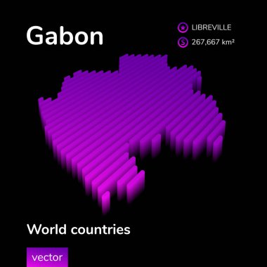 Gabon 'un 3 boyutlu haritası. Biçimlendirilmiş çizgili vektör izometrik haritası siyah arkaplanda neon mor renklerde
