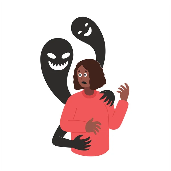 Mental problems, psychological instability concept. Scared woman suffers of phobia, fears, depressive disorder, paranoia. Vector Illustration in flat style — Stock Vector