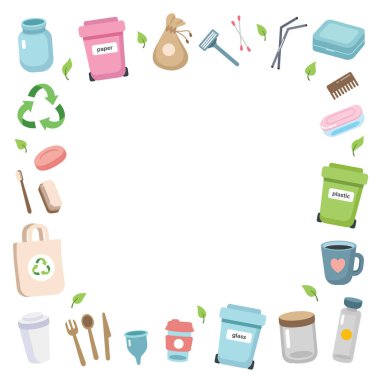 Sıfır atık. Bilinçli tüketimin çeşitli unsurları kare bir çerçeve oluşturur. Sürdürülebilir yaşam tarzı, ekolojik kavram. Çizgi film tarzında vektör illüstrasyonu