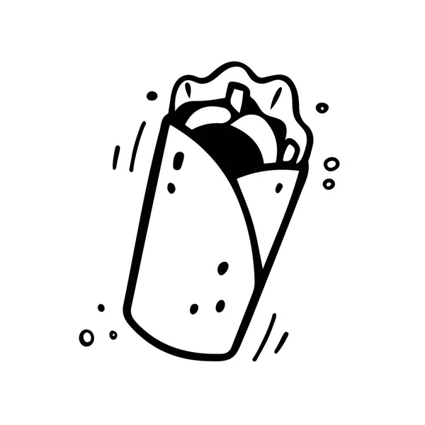 Yapımı Shawarma Karalama Tarzında Fast Food Çizimi Burrito Hortumunun Çizimi — Stok Vektör