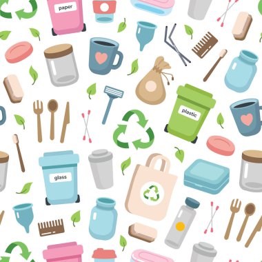 Farklı unsurlar ile sıfır atık kavramı sorunsuz desen. Sürdürülebilir yaşam tarzı, ekolojik kavram. Karikatür tarzında vektör illüstrasyon