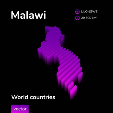Malawi 3D haritası. Malawi 'nin stilize çizgili izometrik vektör haritası siyah arkaplanda neon mor renklerde. Eğitim sancağı