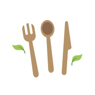 Yeniden kullanılabilir ahşap çatal bıçak takımı. Sürdürülebilir yaşam tarzı, sıfır atık, ekolojik konsept. Çizgi film tarzında vektör illüstrasyonu. Geri dönüşüm, atık yönetimi, ekoloji, sürdürülebilirlik.
