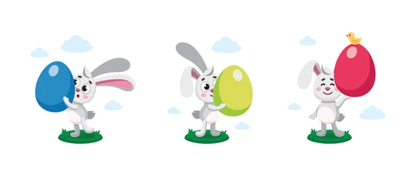 Frohe Ostern Eiersuche Flache Kinder Vektor Illustration Set Von Osterhasen — Stockvektor