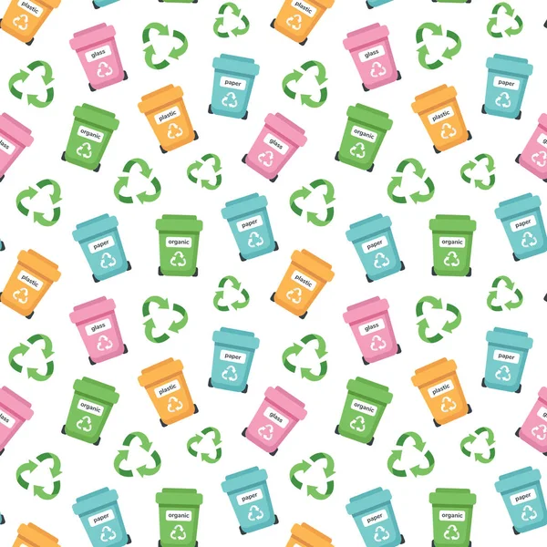 零废物概念无缝模式与垃圾箱和回收标志 可持续的生活方式 生态概念 卡通风格的矢量图解 — 图库矢量图片