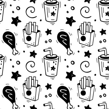 El yapımı fast food kombinasyonsuz desen. Çizgi roman çizim stili. Vektör Fast Fast çizimi. Tavuk bacağı, kağıt bardak içecek, patates kızartması kutusu ve yıldız..