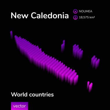 Yeni Kaledonya 3D haritası. Stilize edilmiş izometrik neon çizgili vektör 3d haritası. Yeni Kaledonya haritası siyah arka planda mor ve pembe renklidir. Eğitim bayrağı, bilgi ögesi