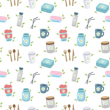 Farklı unsurlar ile sıfır atık kavramı sorunsuz desen. Sürdürülebilir yaşam tarzı, ekolojik kavram. Karikatür tarzında vektör illüstrasyon