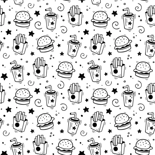 El yapımı fast food kombinasyonsuz desen. Çizgi roman çizim stili. Vektör Fast Food illüstrasyonu