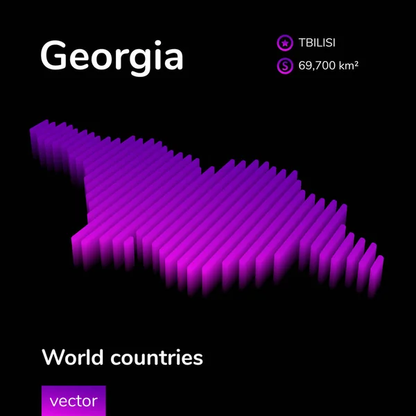 Georgia mapa 3D. Estilizado vector de rayas Mapa de Georgia está en colores violeta sobre fondo negro — Archivo Imágenes Vectoriales