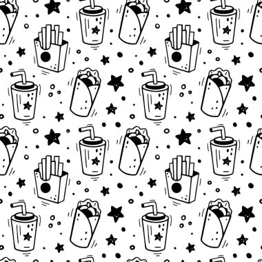 El yapımı fast food kombinasyonsuz desen. Çizgi roman çizim stili. Vektör Fast Food illüstrasyonu