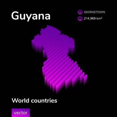Guyana 3D haritası. Menekşe renklerinde çizgili izometrik neon vektör. Coğrafya bilgi haritası.
