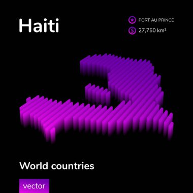 Haiti 3D haritası. Biçimlendirilmiş neon izometrik vektör çizgili Haiti haritası siyah arkaplanda mor renklidir