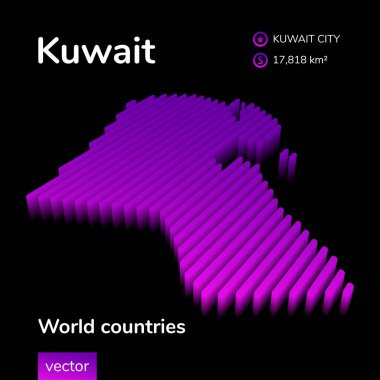 Kuveyt 3D haritası. Biçimlendirilmiş neon basit dijital izometrik vektör Kuveyt haritası siyah arkaplanda mor renklidir