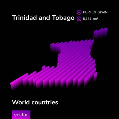 Trinidad ve Tobago 3 boyutlu harita. Stilize edilmiş neon izometrik vektör Trinidad ve Tobago haritası mor renklidir
