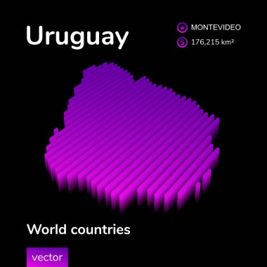 Uruguay 3D haritası. Uruguay 'ın stilize edilmiş neon basit dijital izometrik vektör haritası siyah arkaplanda mor renklidir. Eğitim sancağı