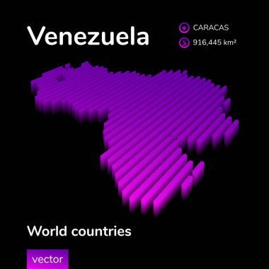Venezuela 3D haritası. Şekillendirilmiş neon basit dijital izometrik çizgili vektör haritası siyah arkaplanda mor renklidir. Eğitim sancağı