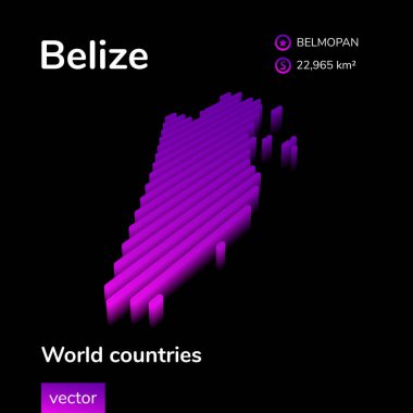 Belize 3D haritası. Belize 'nin stilize edilmiş neon izometrik dijital vektör haritası siyah arkaplanda mor renklidir. Eğitim sancağı
