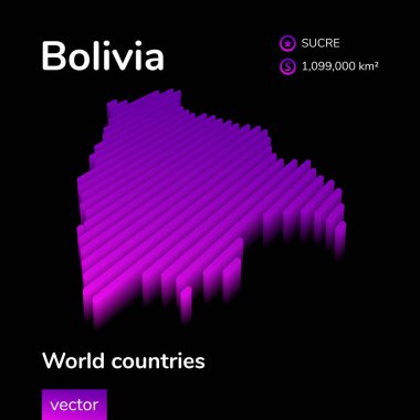 Bolivya 3D haritası. Bolivya 'nın stilize edilmiş dijital izometrik vektör haritası siyah arkaplanda mor renklidir. Eğitim sancağı