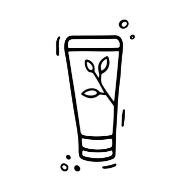 Kozmetik Simgesi. Karalama stili krema tüpü. Kadın şeyleri, eko kızlar aksesuar konsepti. Beyaz üzerine izole edilmiş vektör eli çizilmiş düz çizim.