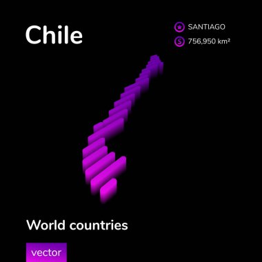 Chile 3d map. Stylized isometric vector isometric neon in violet colors on black background. Geography study poster, infographic element.