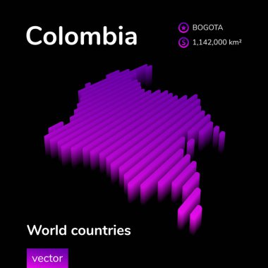 Colombia 3d map. Stylized izometric vector 3d map in neon violet colors on black background. Geography study poster, infographic element.