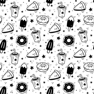 Fast food modeli. El çizimi fast food ikonları. Tatlı atıştırmalık öğelerin taslağı. Dondurma, çörek, turta, içecek, milkshake. Karalama tarzında fast food çizimi. Fast food koleksiyonu.
