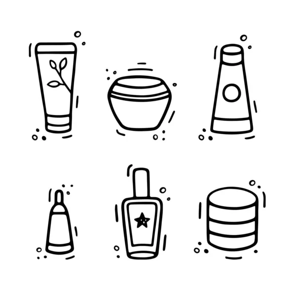 Cosmetics Icons. Cream jars set and tubes in doodle style. Woman stuff, eco girls accessory concept. Vector hand drawn flat illustration isolated on white.