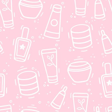 Kozmetik krem kavanozları pembe pürüzsüz desenler topladı. Çizim stili karalama. Vektör El çizilmiş kozmetik çizimi