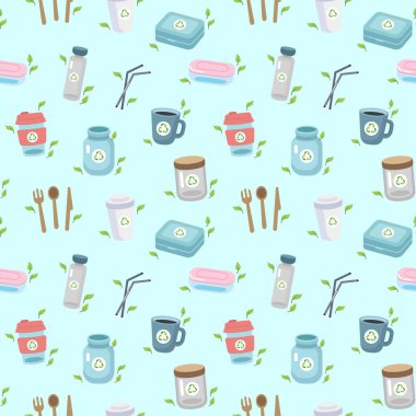 Farklı unsurlar ile sıfır atık kavramı sorunsuz desen. Sürdürülebilir yaşam tarzı, ekolojik kavram. Karikatür tarzında vektör illüstrasyon