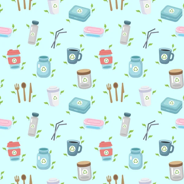 Farklı unsurlar ile sıfır atık kavramı sorunsuz desen. Sürdürülebilir yaşam tarzı, ekolojik kavram. Karikatür tarzında vektör illüstrasyon