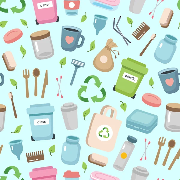 Farklı unsurlar ile sıfır atık kavramı sorunsuz desen. Sürdürülebilir yaşam tarzı, ekolojik kavram. Karikatür tarzında vektör illüstrasyon