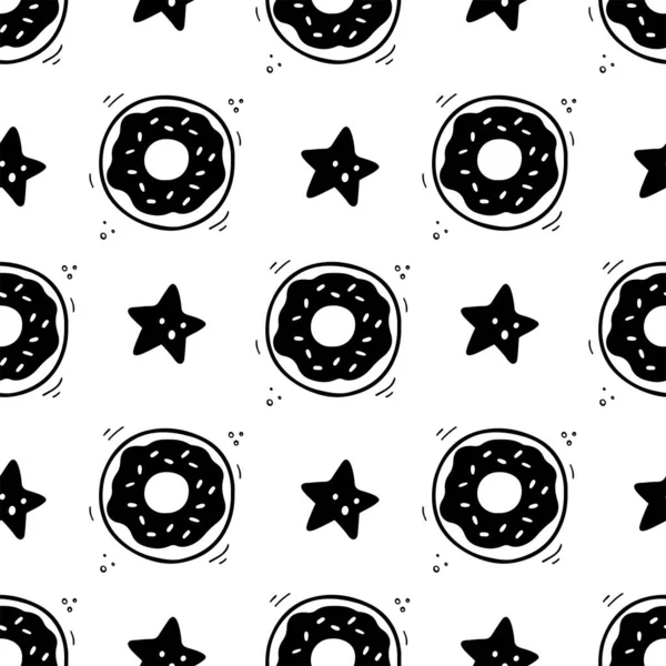 Donut Seamless Pattern Hand Drawn Sketch Doughnut Star Fast Food — Vector de stock