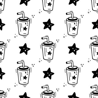 Elle çizilmiş fast food bardağı, dikişsiz kağıt bardak. Fast food dokusu, kumaş, ambalaj kağıdı çizimi. Plastik bardakta soda çizimi. Fast food içeceği çizim stili..