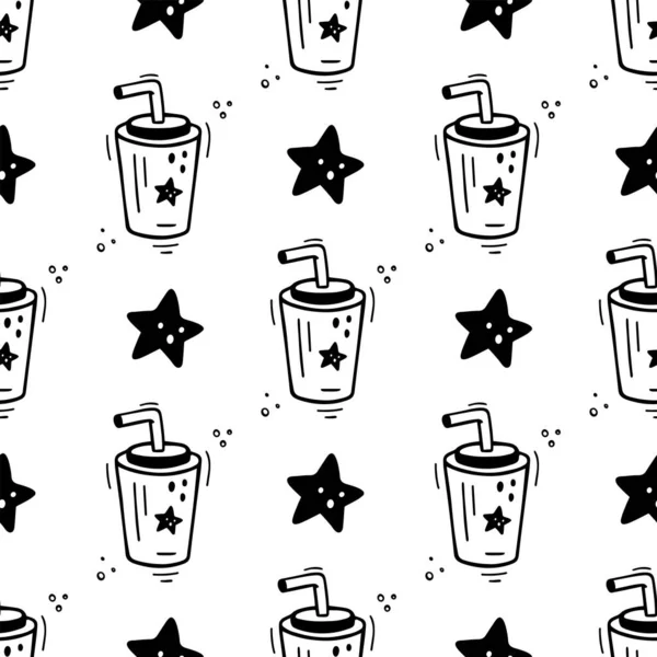 Elle çizilmiş fast food bardağı, dikişsiz kağıt bardak. Fast food dokusu, kumaş, ambalaj kağıdı çizimi. Plastik bardakta soda çizimi. Fast food içeceği çizim stili..