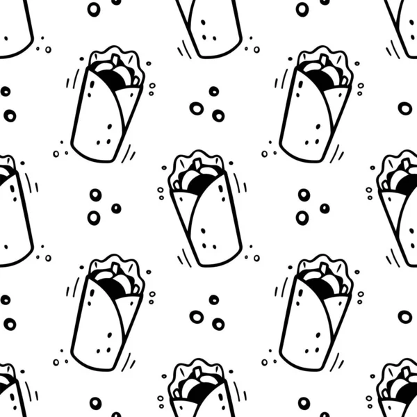 El yapımı fast food shawarma, burrito, dikişsiz hortum deseni. Çizgi roman çizim stili. Vektör Fast Fast çizimi. Eşkali, burrito..