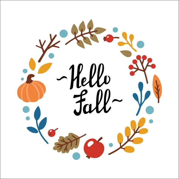 Hello Fall Рукописное Послание Осенняя Декоративная Рамка Шаблон Листьями Тыквой — стоковый вектор