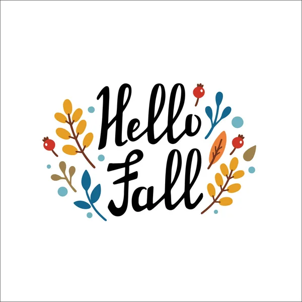 Hello Fall Handwritten Lettering Autumn Decorative Element Leaves Pumpkin Apple — 图库矢量图片